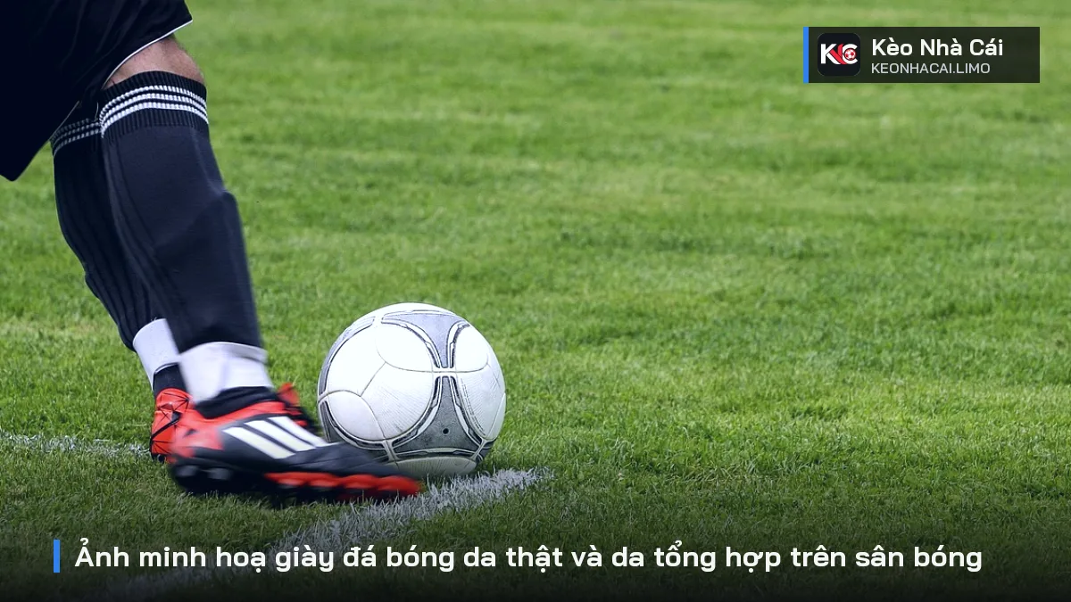 Ảnh minh hoạ giày đá bóng da thật và da tổng hợp trên sân bóng