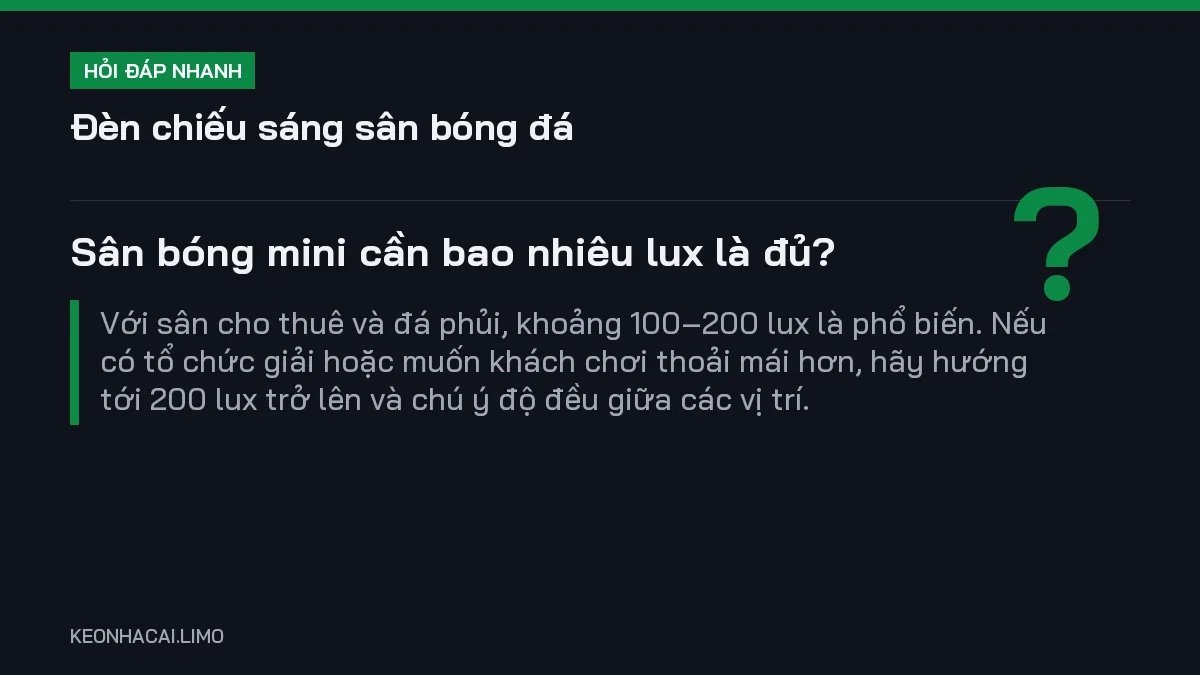 Hỏi đáp nhanh đèn chiếu sáng sân bóng đá: Sân bóng mini cần bao nhiêu lux là đủ