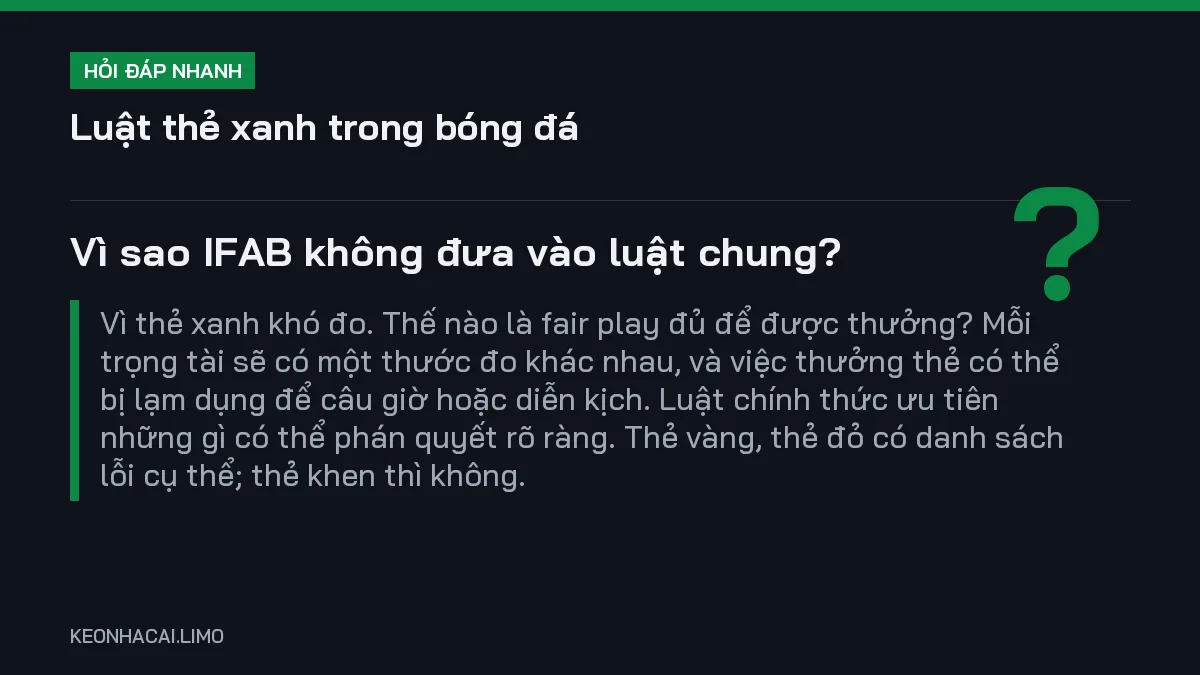 Hỏi đáp nhanh luật thẻ xanh trong bóng đá: Vì sao IFAB không đưa vào luật chung