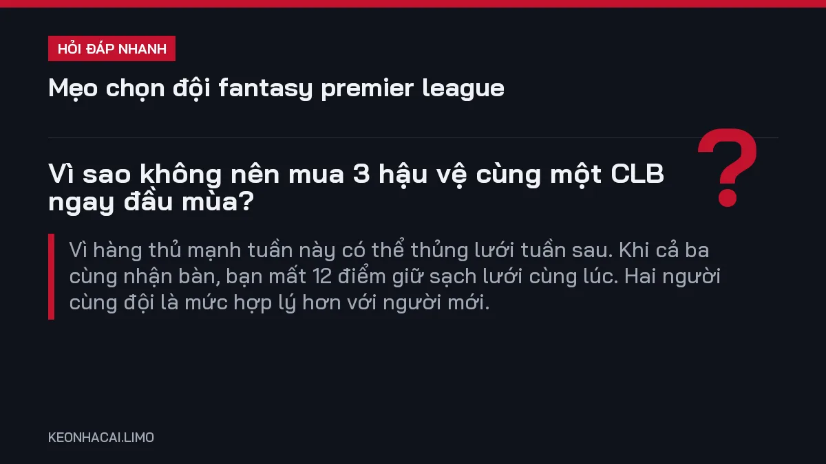 Hỏi đáp nhanh mẹo chọn đội fantasy premier league: Vì sao không nên mua 3 hậu vệ cùng một CLB ngay đầu mùa