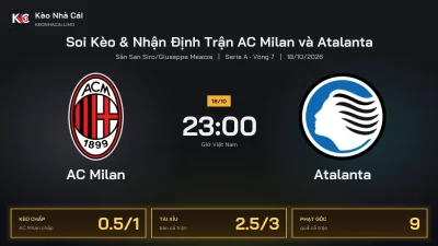 Soi kèo AC Milan vs Atalanta 23h00 ngày 18/10 Giải Serie A 2026/27 Vòng 7