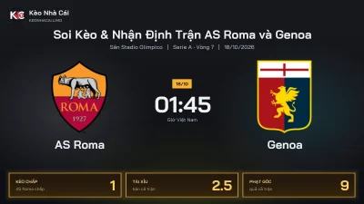 Soi kèo AS Roma vs Genoa 1h45 ngày 18/10 Giải Serie A 2026/27 Vòng 7