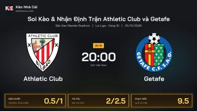 Soi kèo Athletic Club vs Getafe 20h00 ngày 25/10 Giải La Liga 2026/27 Vòng 10