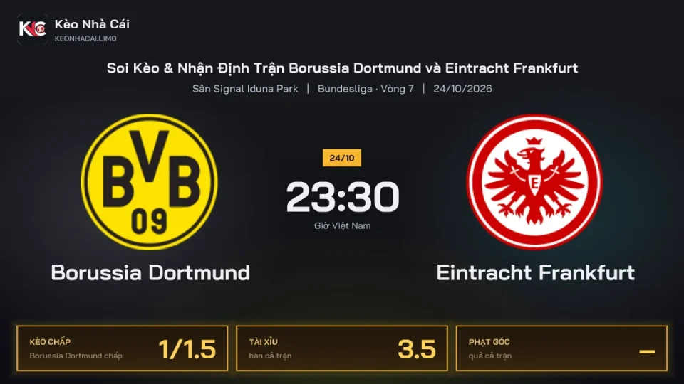 Soi kèo Borussia Dortmund vs Eintracht Frankfurt 23h30 ngày 24/10 Giải Bundesliga 2026/27 Vòng 7