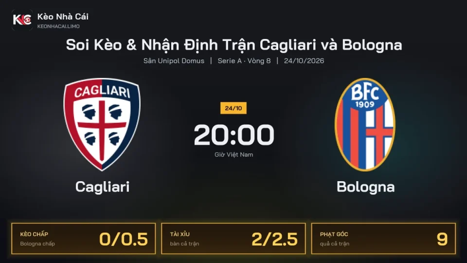 Soi kèo Cagliari vs Bologna 20h00 ngày 24/10 Giải Serie A 2026/27 Vòng 8