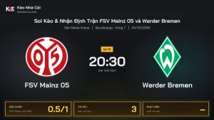 Soi kèo FSV Mainz 05 vs Werder Bremen 20h30 ngày 24/10 Giải Bundesliga 2026/27 Vòng 7