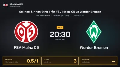 Soi kèo FSV Mainz 05 vs Werder Bremen 20h30 ngày 24/10 Giải Bundesliga 2026/27 Vòng 7