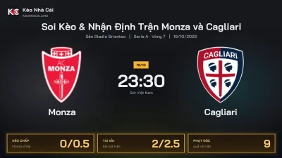 Soi kèo Monza vs Cagliari 23h30 ngày 19/10 Giải Serie A 2026/27 Vòng 7