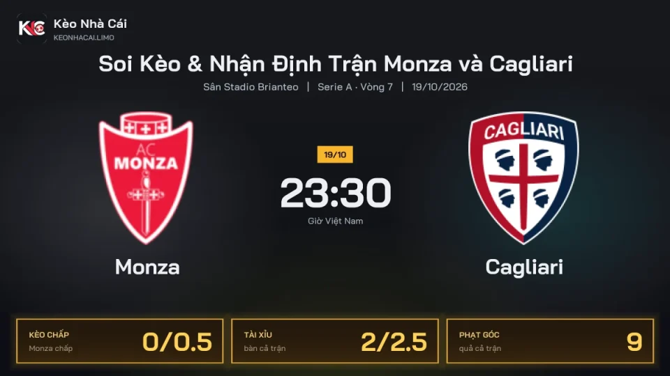 Soi kèo Monza vs Cagliari 23h30 ngày 19/10 Giải Serie A 2026/27 Vòng 7