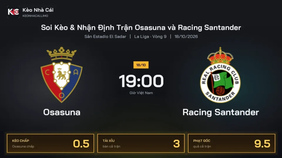 Soi kèo Osasuna vs Racing Santander 19h00 ngày 18/10 Giải La Liga 2026/27 Vòng 9