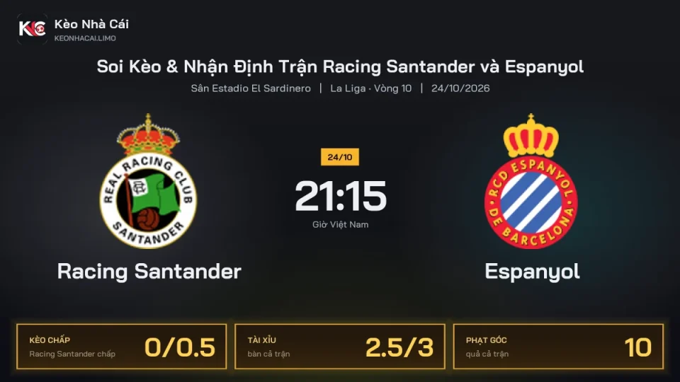 Soi kèo Racing Santander vs Espanyol 21h15 ngày 24/10 Giải La Liga 2026/27 Vòng 10