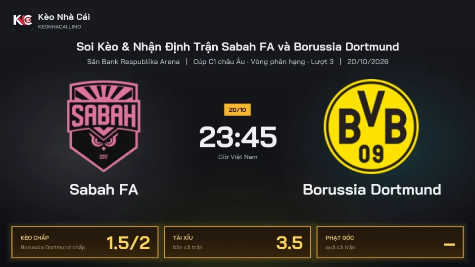 Soi kèo Sabah FA vs Borussia Dortmund 23h45 ngày 20/10 Cúp C1 Châu Âu 2026/27 Vòng phân hạng Lượt 3