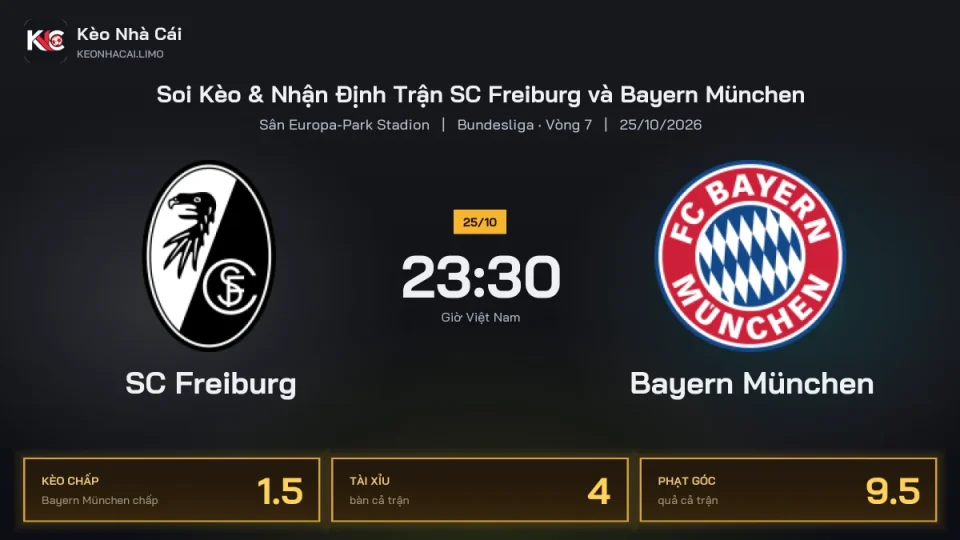 Soi kèo SC Freiburg vs Bayern München 23h30 ngày 25/10 Giải Bundesliga 2026/27 Vòng 7