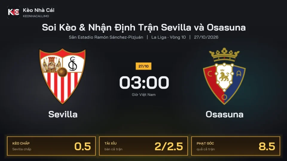 Soi kèo Sevilla vs Osasuna 3h00 ngày 27/10 Giải La Liga 2026/27 Vòng 10