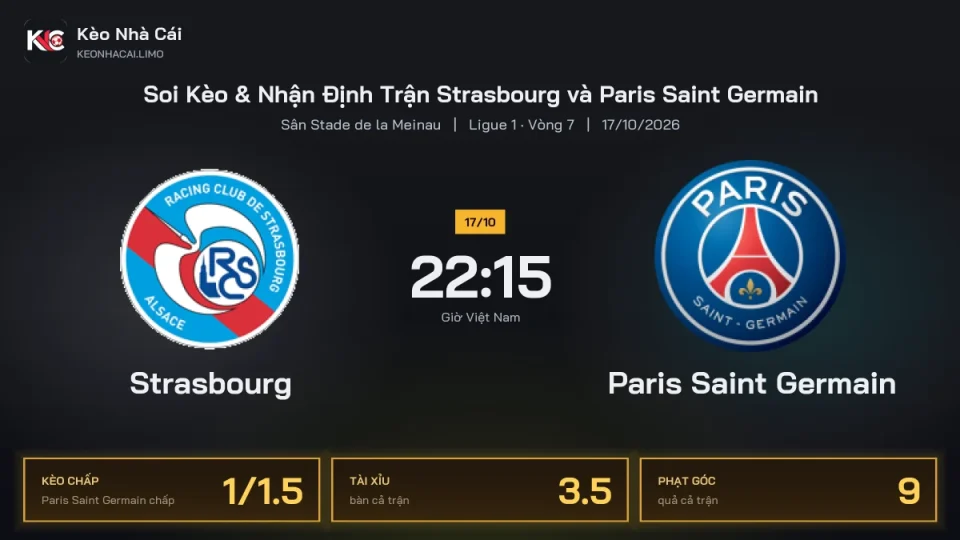 Soi kèo Strasbourg vs Paris Saint Germain 22h15 ngày 17/10 Giải Ligue 1 2026/27 Vòng 7