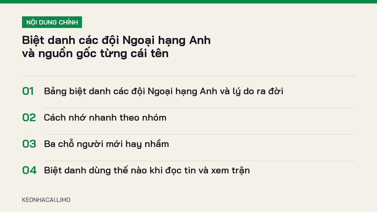 Tóm tắt nội dung biệt danh các đội ngoại hạng anh, 4 ý chính cần biết
